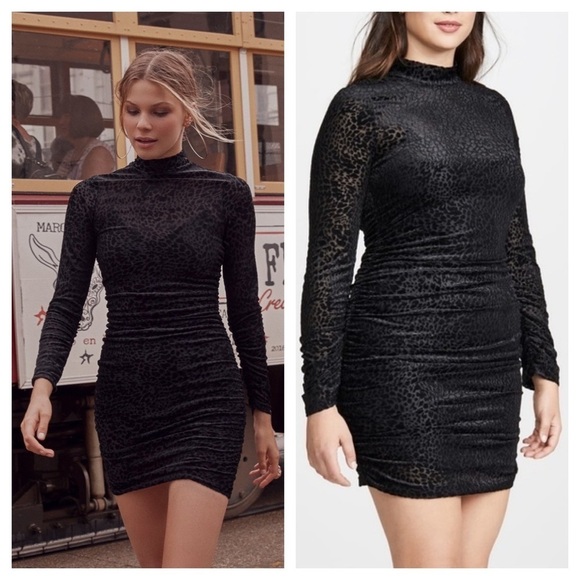 Likely /NWT Wylie Leopard Burnout Ruched black Bodycon long sleeve Mini Dress 12 - Picture 1 of 6